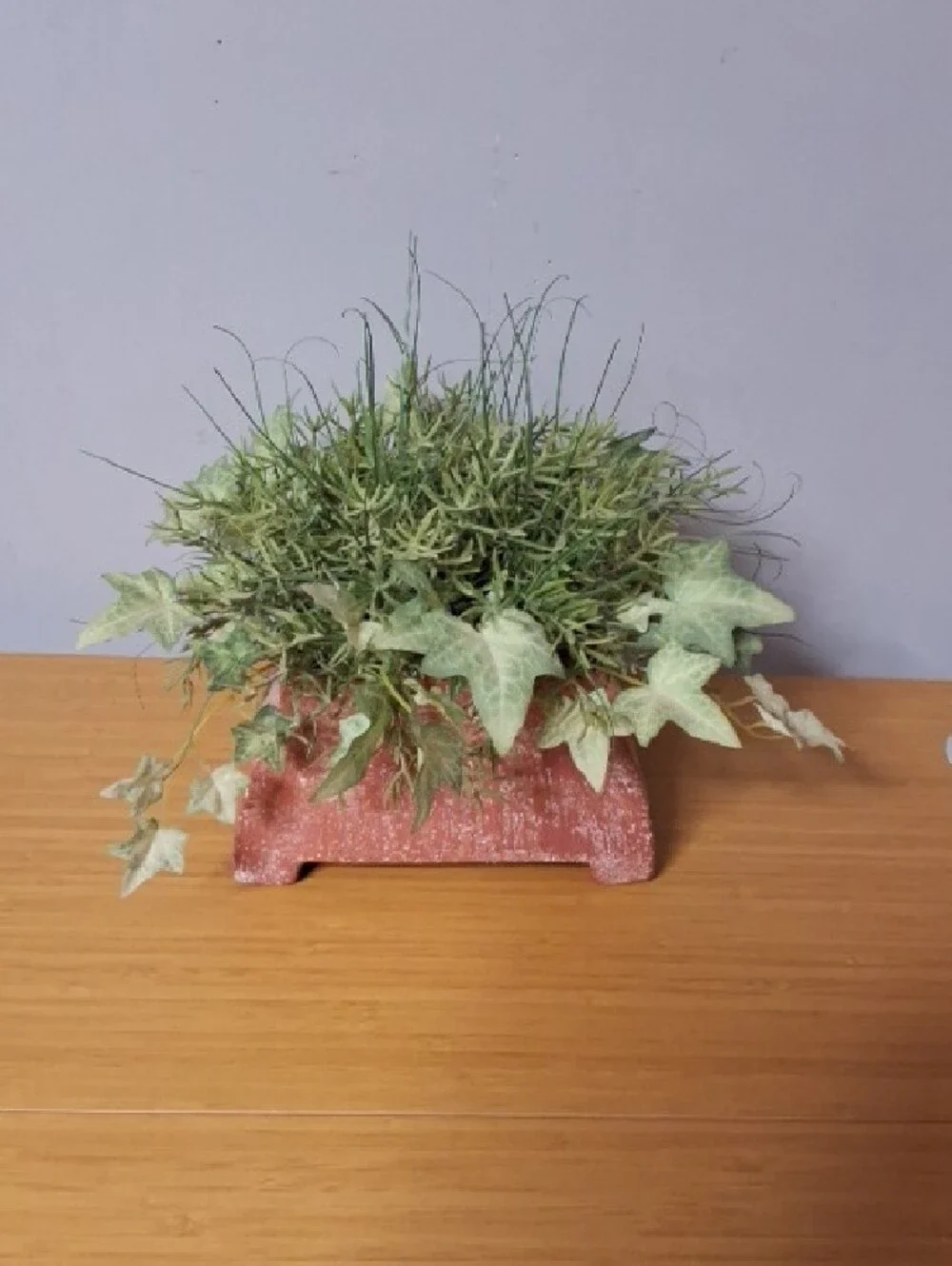 Pink Textured Planter with Lifelike Green Faux Ivy and Grass